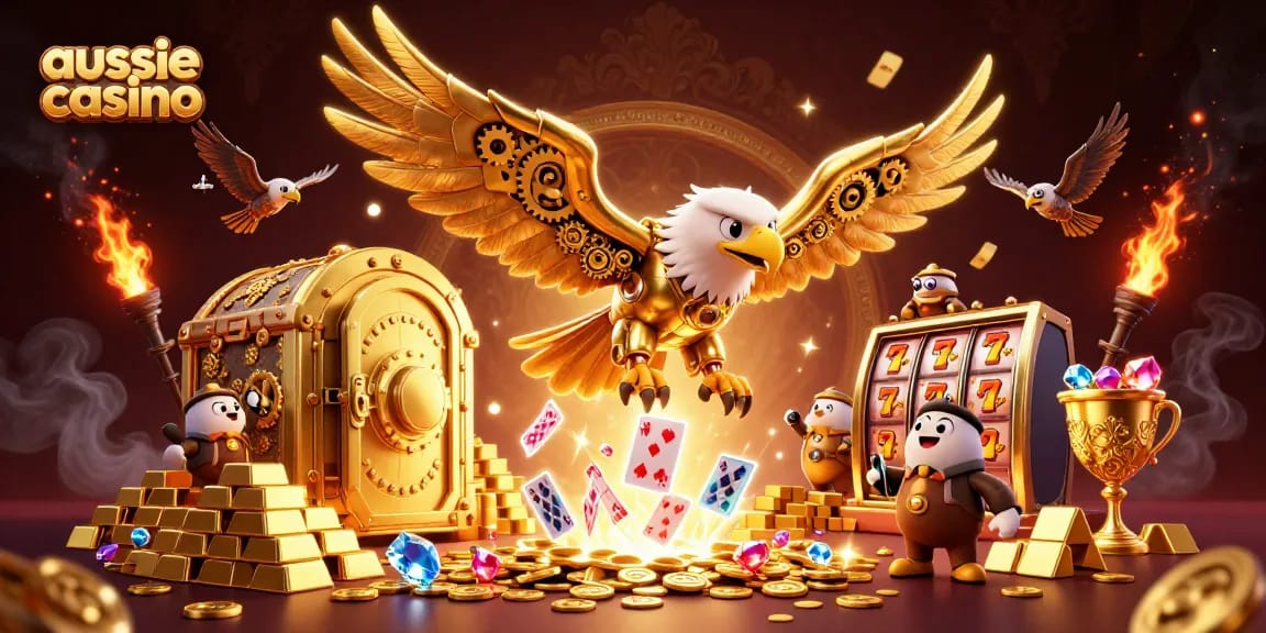 Aussie casino showcasing a cybernetic eagle amidst cascading holographic playing cards, rich in gold and jewels.