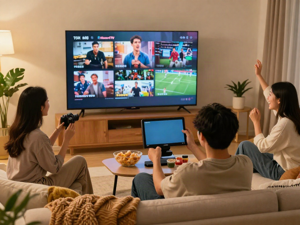 PikashowTV streaming on smartphone in a vibrant living room with friends enjoying entertainment.