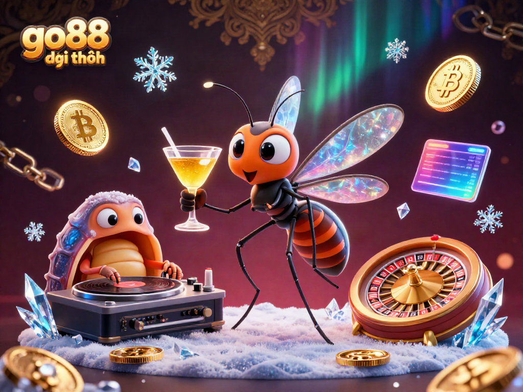 Engage with go88 đổi thưởng as a lively casino scene unfolds with a mascot, DJ, and roulette wheel.