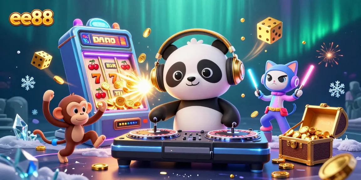 Engage with a vibrant ee88 casino scene featuring animated characters celebrating a jackpot explosion.