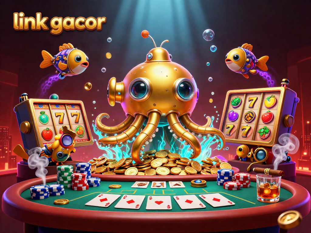 Experience the thrill of link gacor with a golden kraken surfacing in a sea of coins and dynamic casino elements.