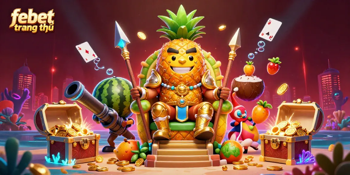 Experience the vibrant beach casino scene with febet trang chủ, featuring a golden pineapple king and dynamic elements of gambling.