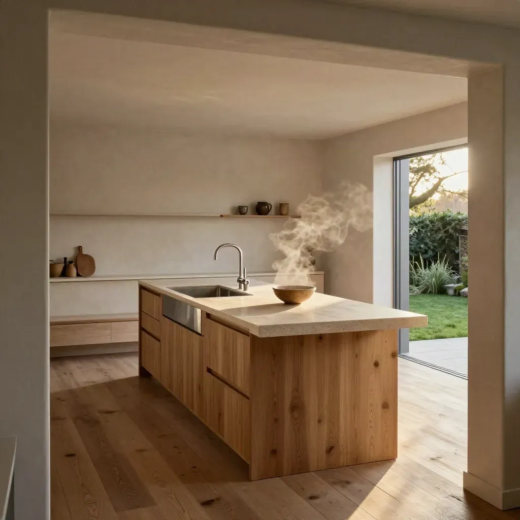 Leefkeuken met eiken kookeiland, ingebouwde bank en licht naar de tuin.