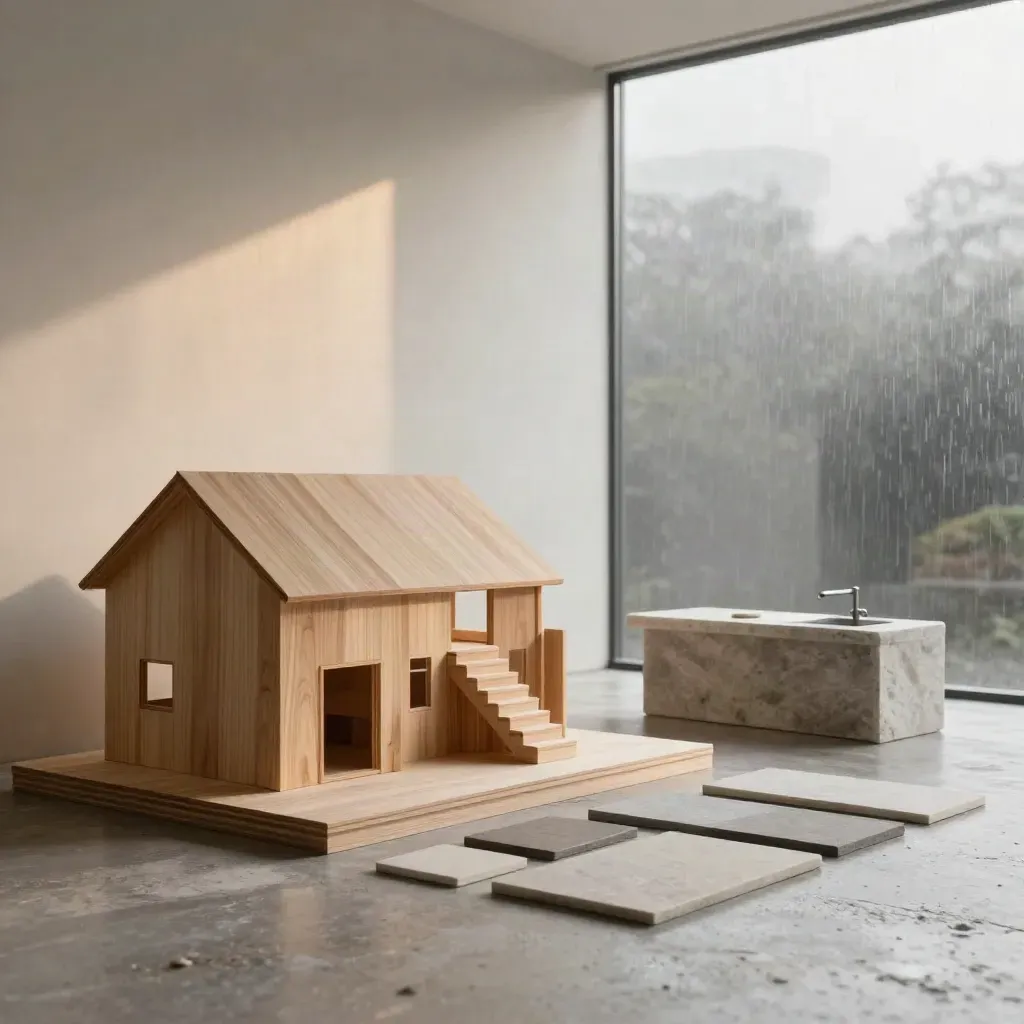 Huisontwerp-model met trapmock-up, keukenblok en materiaalstalen in zacht ochtendlicht