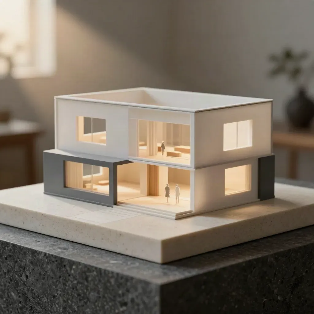 3D-huismodel met doorschijnende ruimtes en warme gloed op een travertijnen sokkel