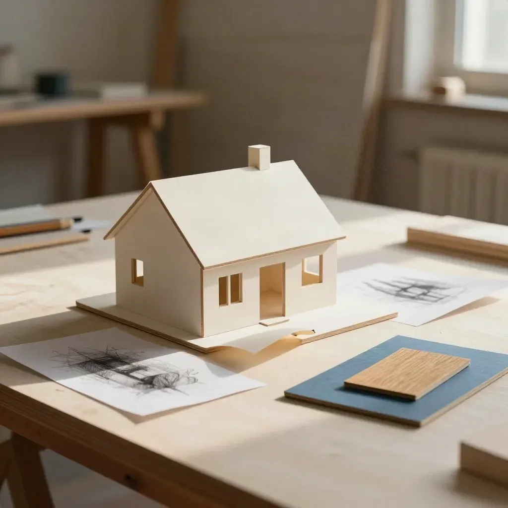 Conceptschets van een huismodel met tracing paper en materiaalstalen op een architectenwerkbank.