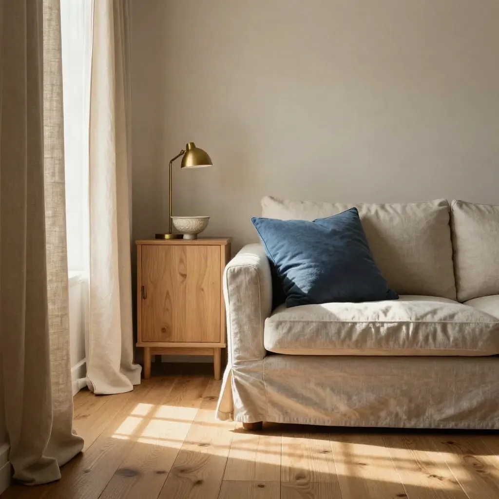Warme interieurhoek met lage sofa, eiken dressoir, linnen gordijn en zacht middaglicht.