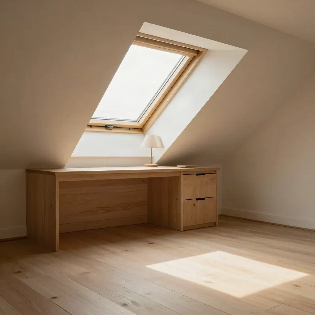 Zolderkamer met dakkapel, inbouwkasten, nis voor bureau en licht op de houten vloer.