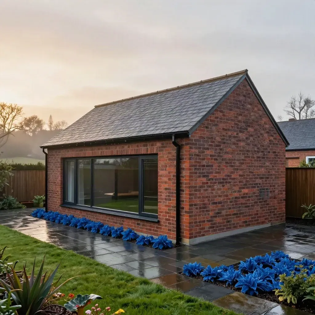 Aangebouwde woning met gemetselde match, slanke ramen en natte tuin in mist