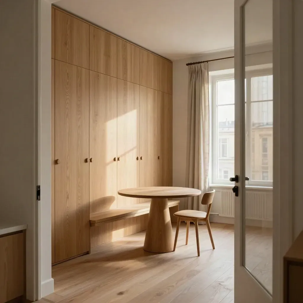Rustig appartement met verborgen kasten, compacte eethoek en wapperende gordijnen bij zacht licht.