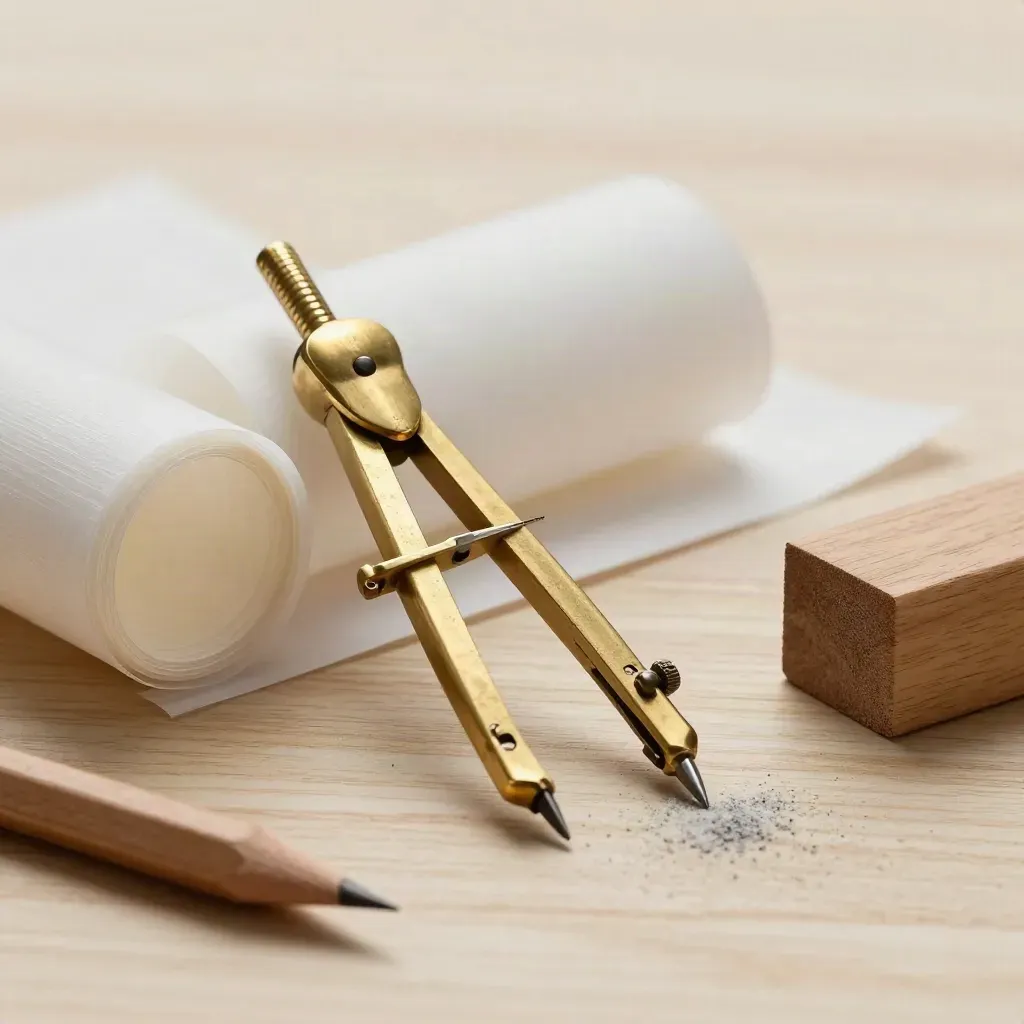 Potlood, passer en schetsrol op een eiken werkblad in macrodetail