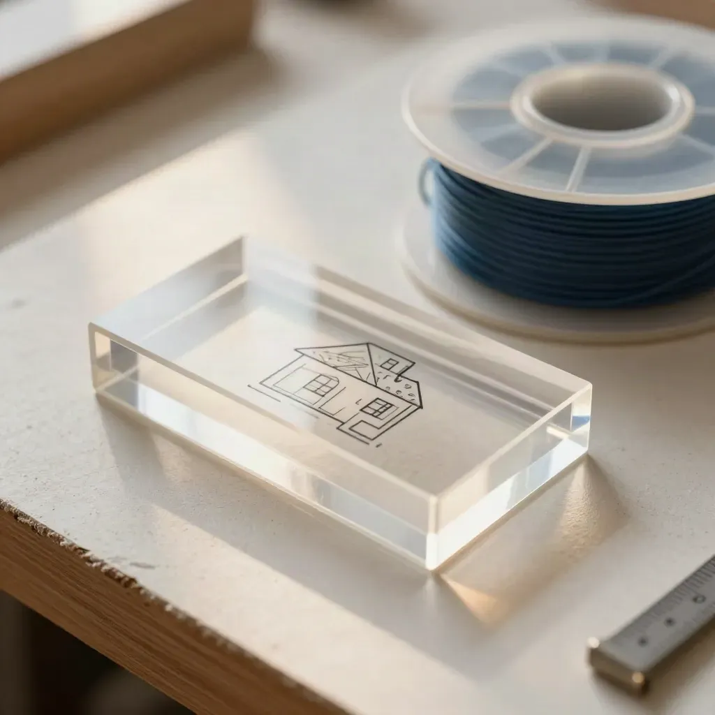 Acrylmodelblokken, een huisvorm en filament op een architectenwerkvlak.