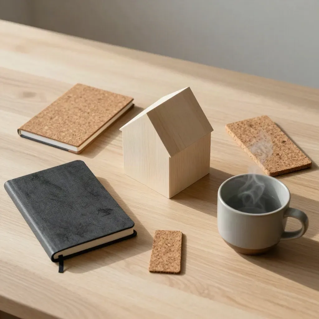 Bovenaanzicht van een notebook, massamodelhuisje, kurkstalen en een keramische kop op licht hout.