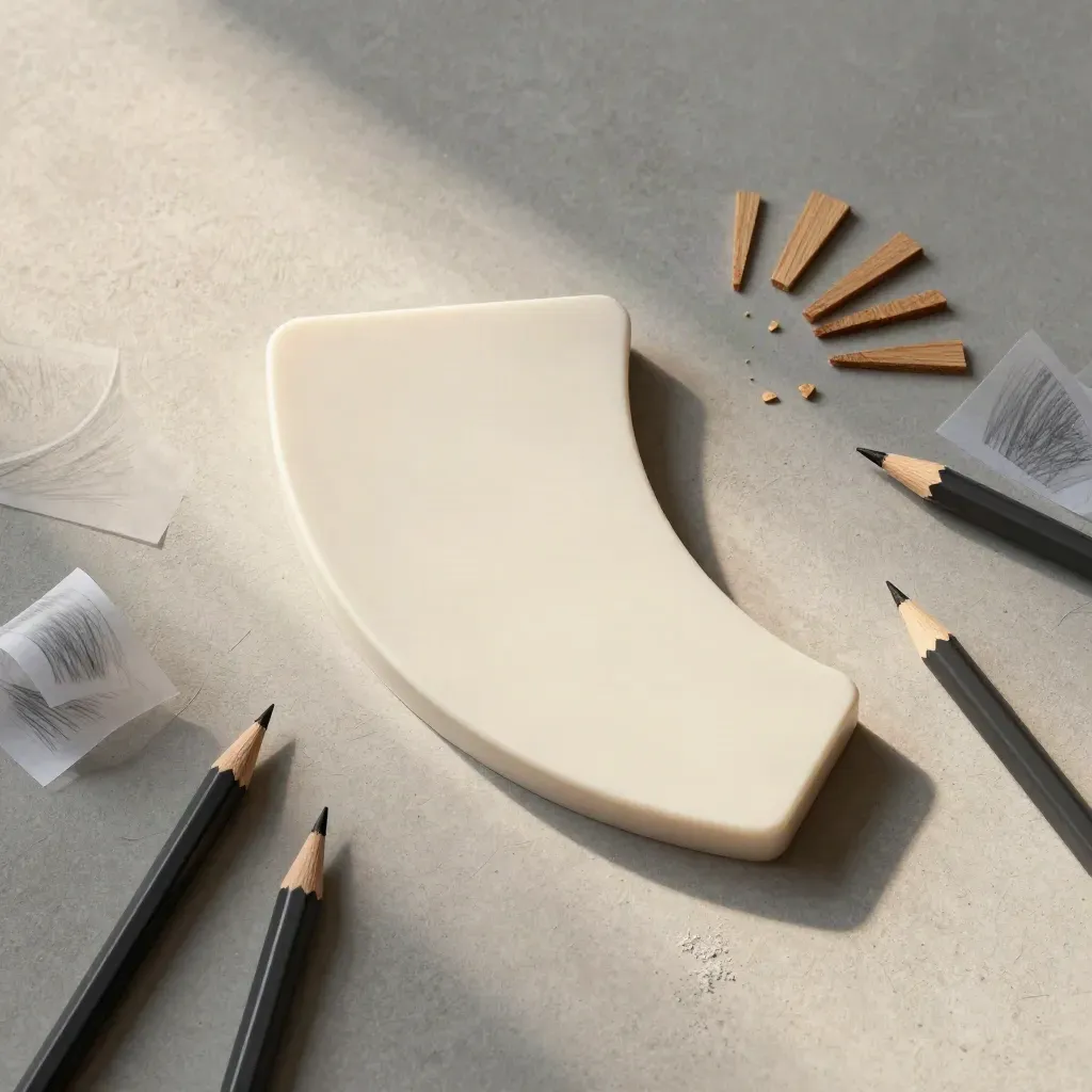 Bovenaanzicht van schetsmateriaal, houtfineer en templates op beton voor planopties.