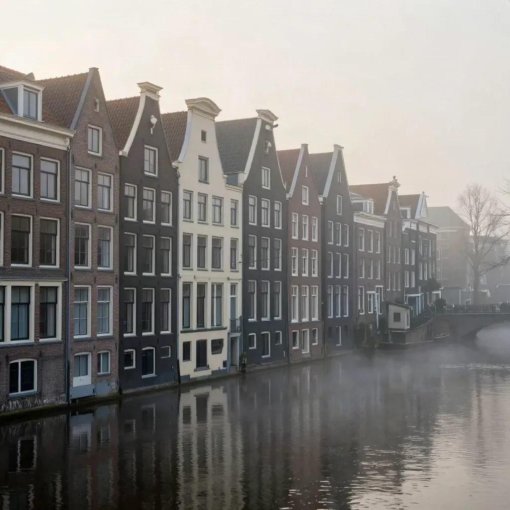 Mistige Amsterdamse grachten met smalle panden en stil water bij zonsopkomst.