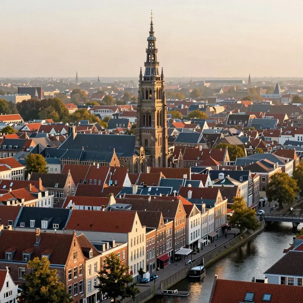Domtoren boven Utrecht in warme ochtendmist met daken en rustig water