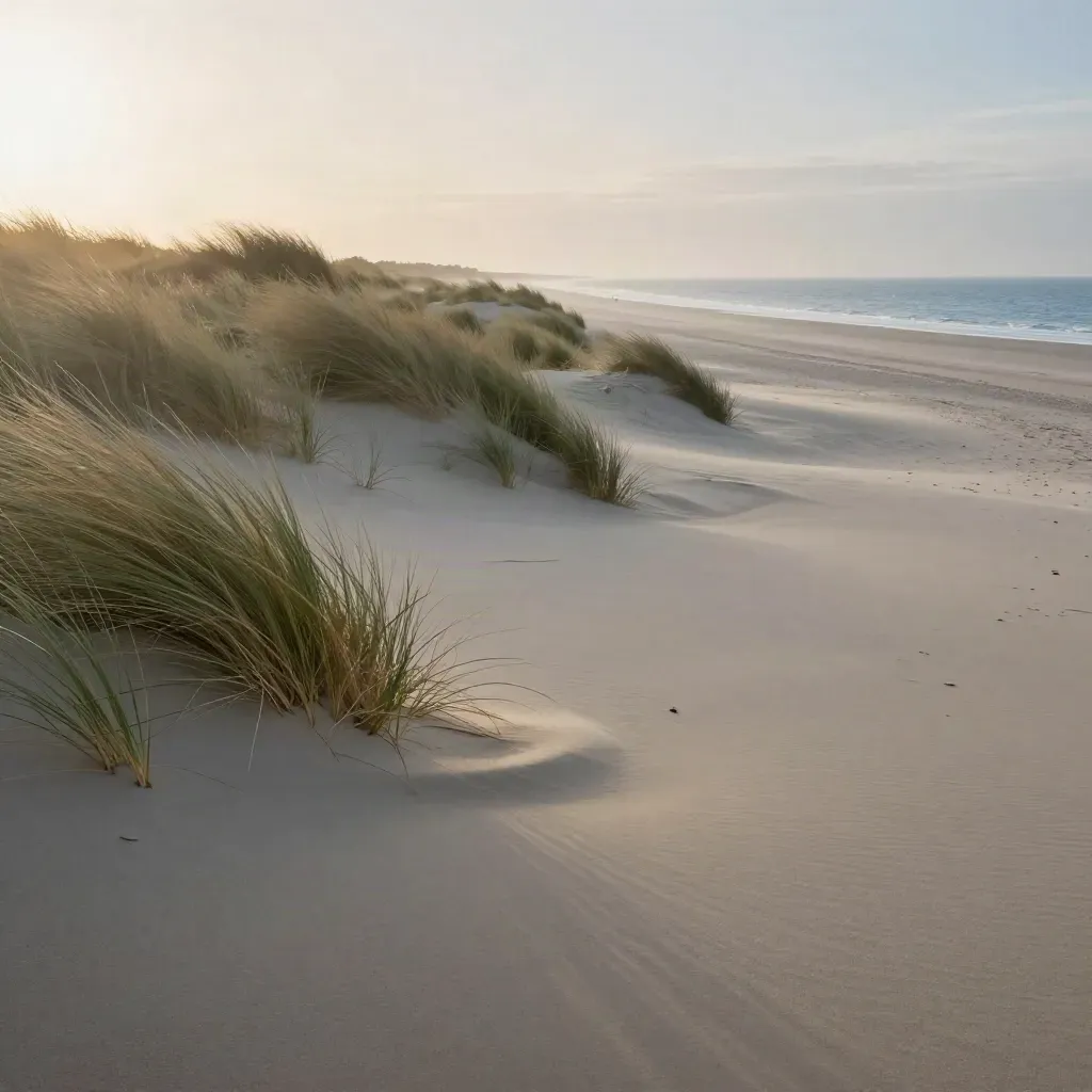 Duinrand bij Den Haag met helmgras, licht strand en zachte zee onder warme nevel.