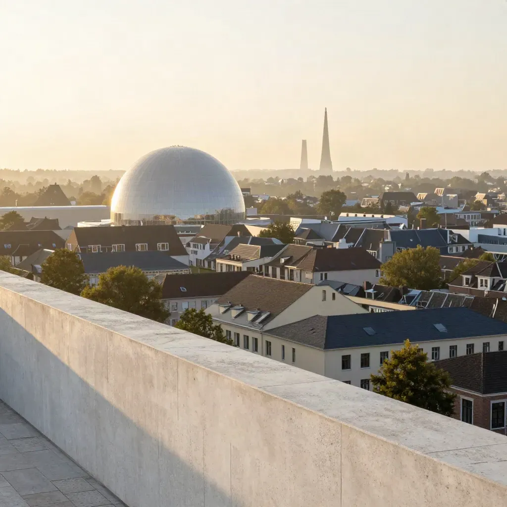 Eindhoven met de Evoluon boven een zachte laag daken in warme nevel.