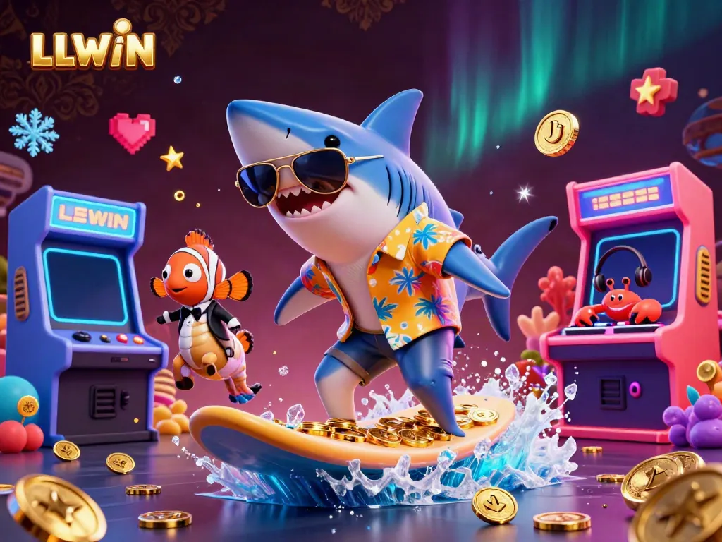 LLWIN inspires excitement with a vibrant 3D casino scene of a shark surfing on gold coins.