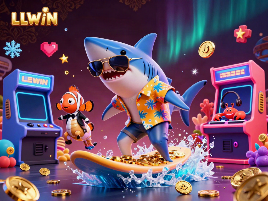 LLWIN inspires excitement with a vibrant 3D casino scene of a shark surfing on gold coins.