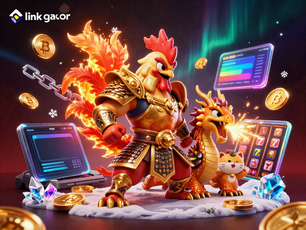 Engage in thrilling gaming with link gacor at RUPIAHSLOT88, featuring cartoon warriors and shining crypto elements.