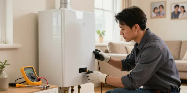 Onderhoud van de verwarmingsketel door een professional in een gezellige woonkamer met tools en natuurlijk licht.