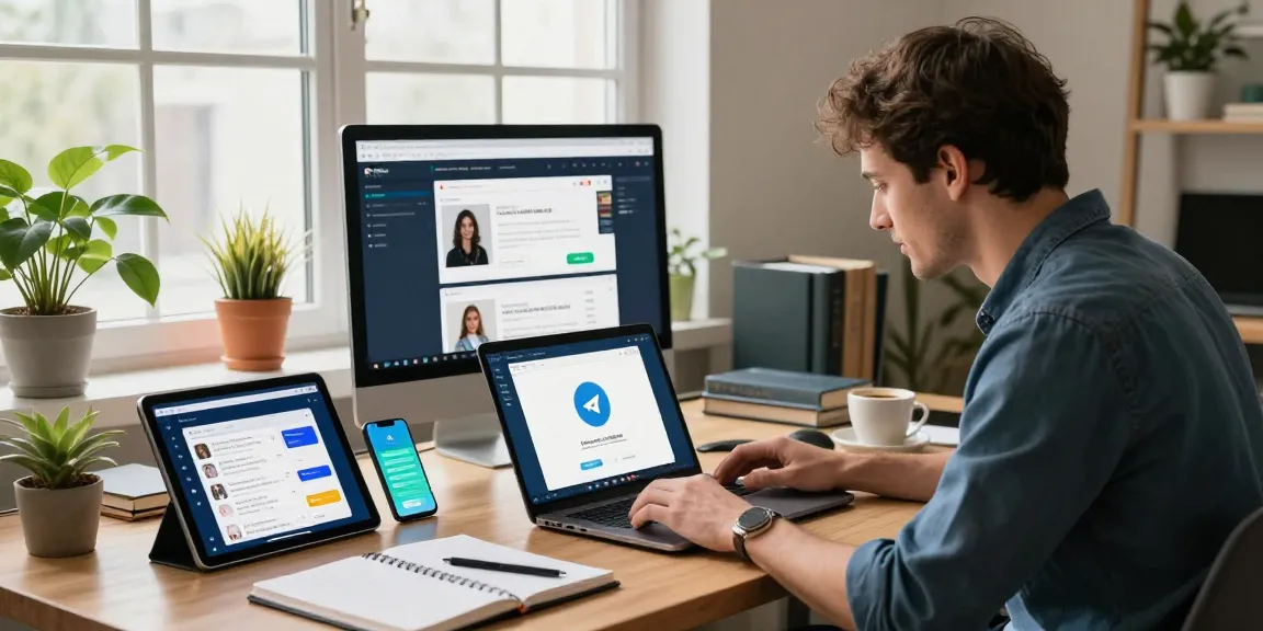 Dynamic workspace showcasing the Telegram Web Version on a stylish laptop, with multiple devices in a modern office setting.