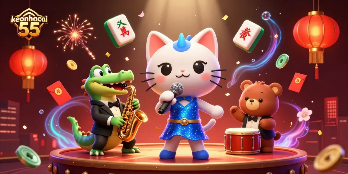 Join the fun with keonhacai 55 as our jazzy cat sings on stage surrounded by vibrant casino elements.