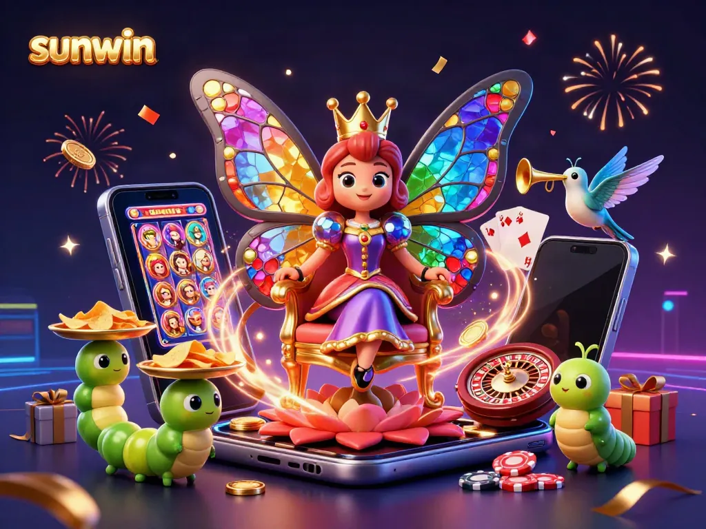Experience the thrill of sunwin with a vibrant 3D casino scene featuring a butterfly queen, slot games, and festive elements.