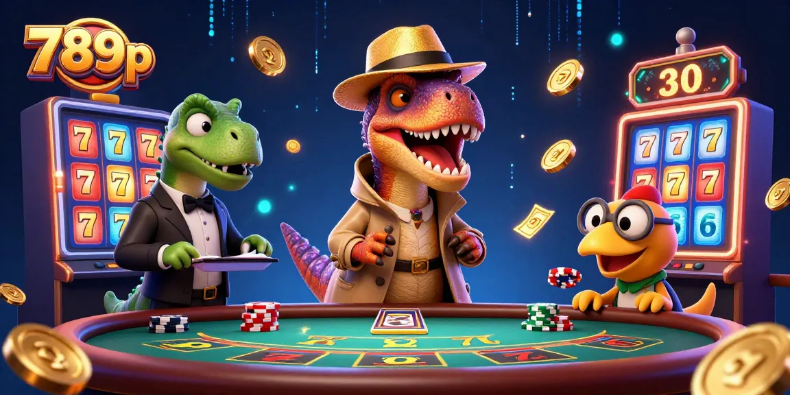 Engage with the thrilling world of 789p slots featuring cartoon dinosaurs in a bustling casino scene.