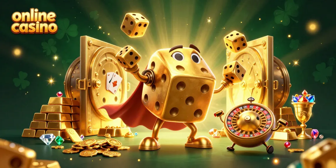 Engaging illustration showcasing online casino excitement with golden dice, jewels, and dynamic gaming elements.