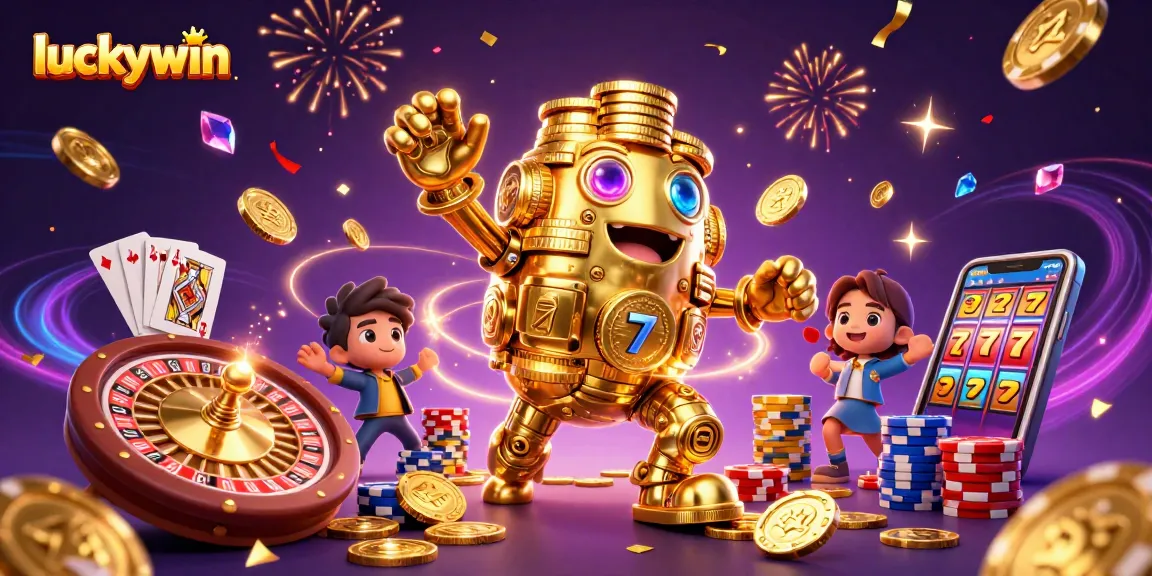 Experience the thrill of luckywin with golden golem, cascading coins, and roulette action.