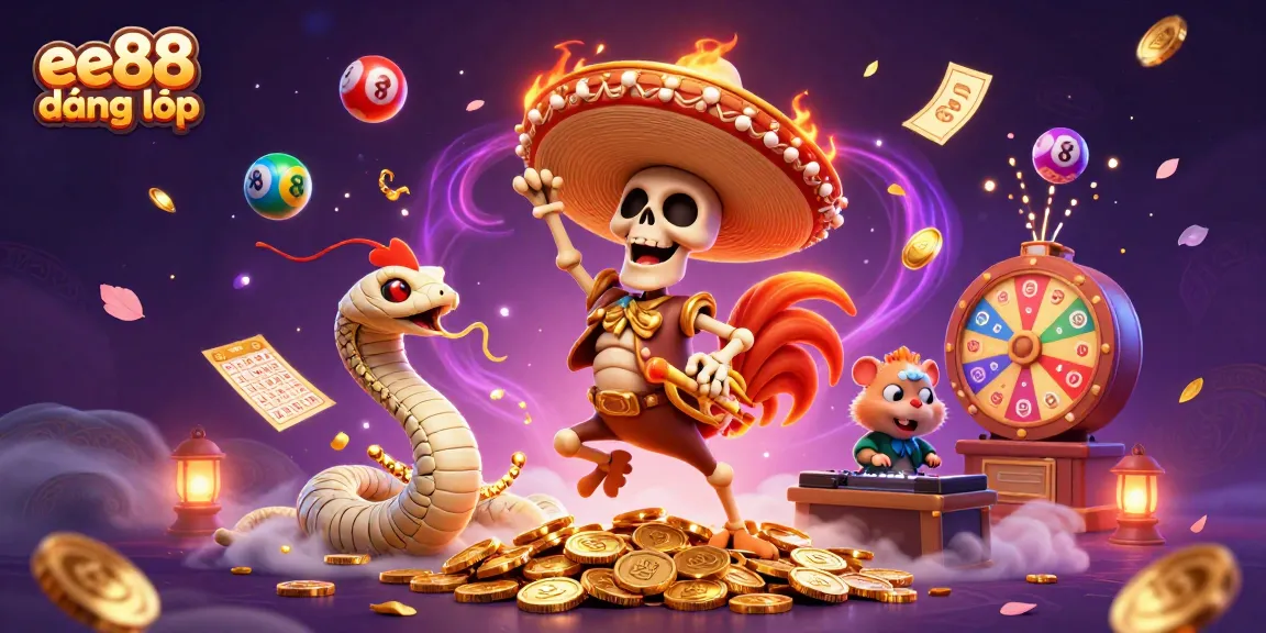 ee88 đăng nhập celebrates with a vibrant casino-themed party of characters surrounded by dynamic lottery elements