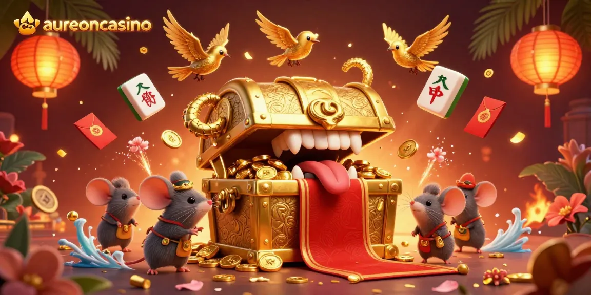Join the excitement at aureoncasino with adventurer mice and golden treasures in a vibrant casino scene.