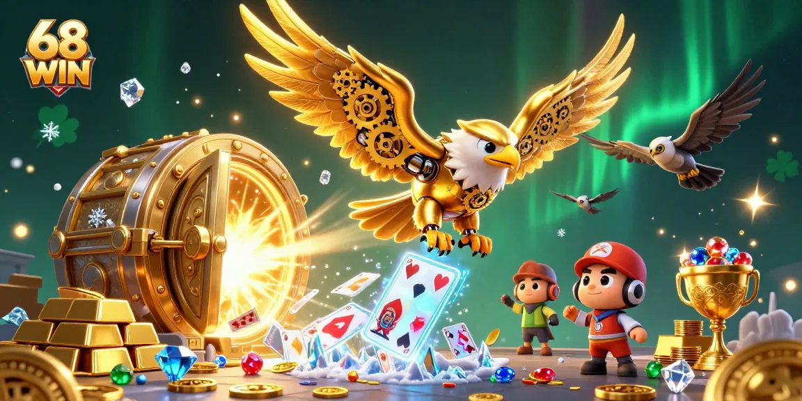 Engage with 68 WIN in a vivid 3D casino scene featuring a golden eagle and treasure elements.