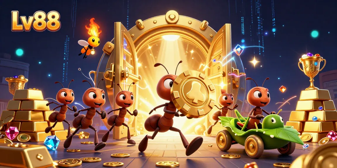 Engage in thrilling gaming adventures at Lv88 with a vibrant scene of cartoon ants on a heist.