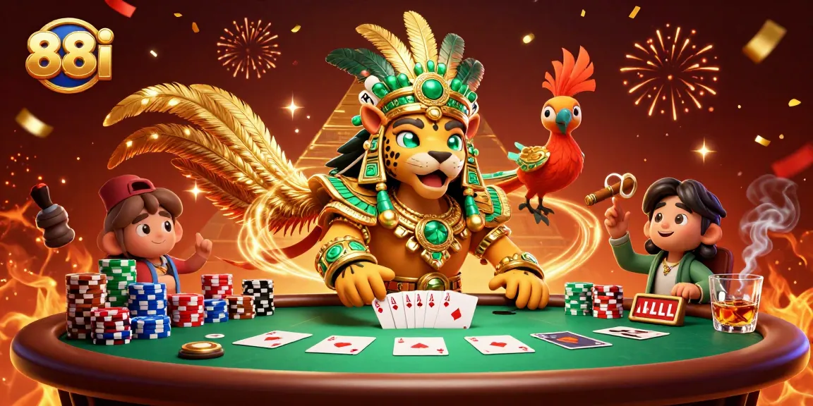 Experience thrilling poker action with 88i, illustrated by a vibrant Mayan theme.