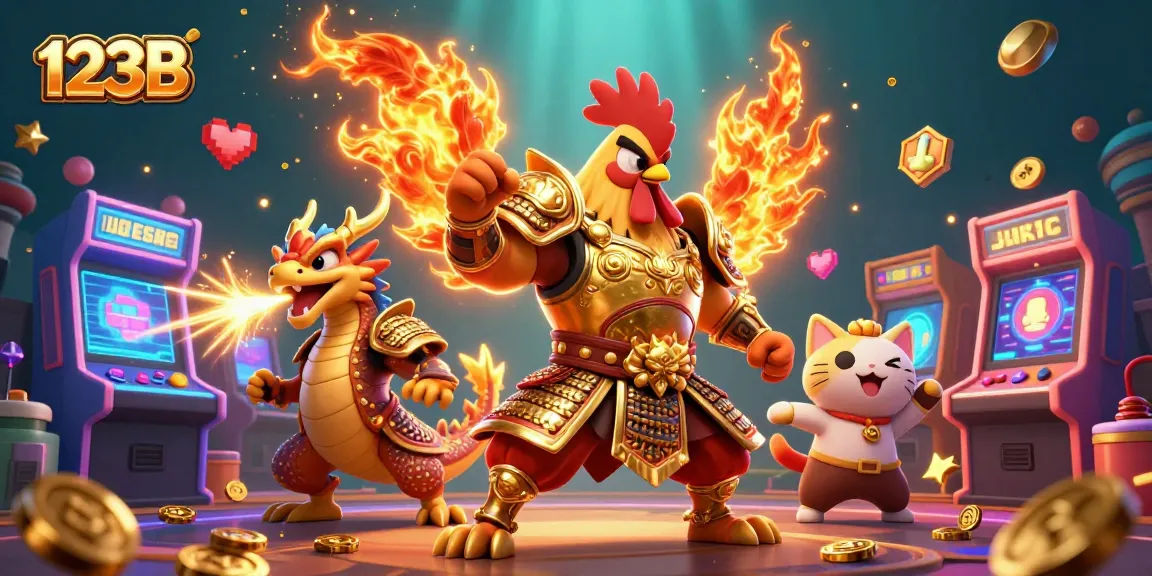 Engage in thrilling gameplay at 123B, featuring an epic cartoon rooster warrior and dragon in a vibrant casino scene.