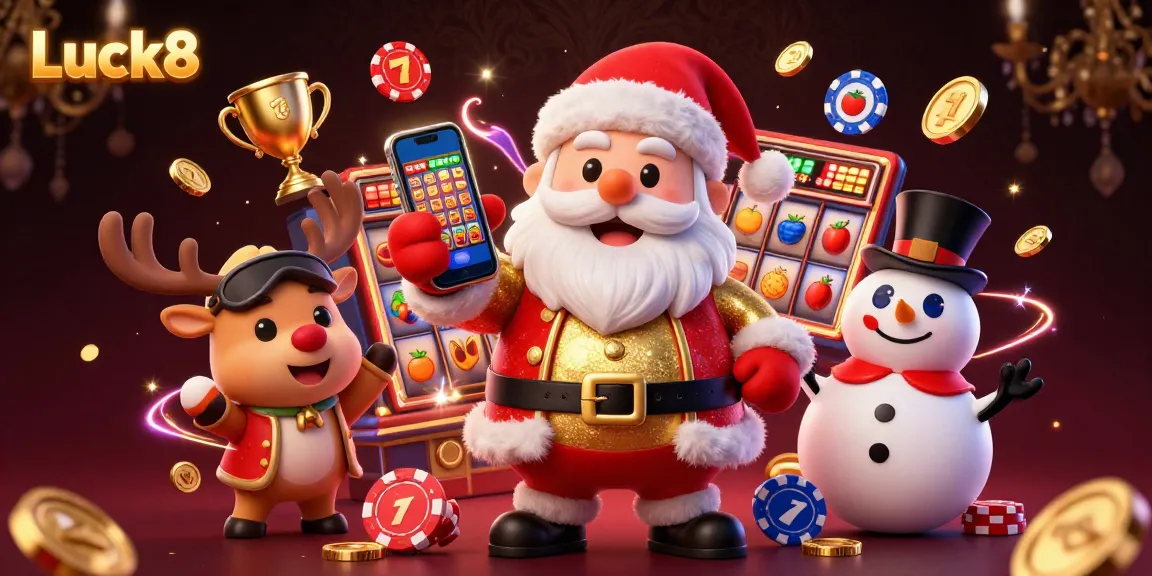 Luck8's vibrant 3D holiday casino scene features Santa and friends celebrating jackpots.