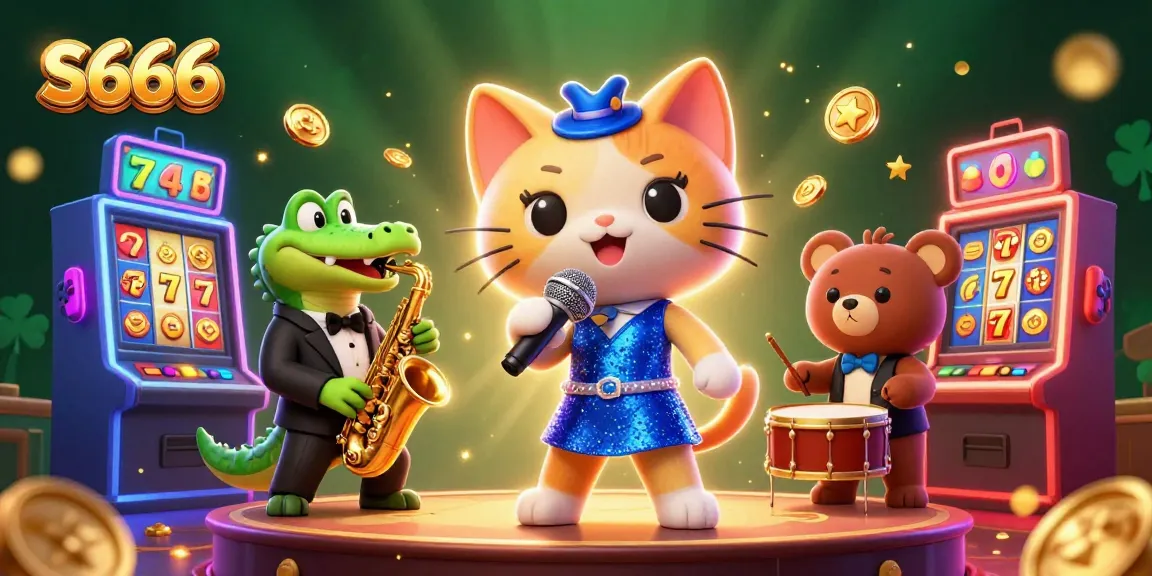 S666 hosts a vibrant casino scene featuring a singing cat, a saxophone crocodile, and a drumming bear.